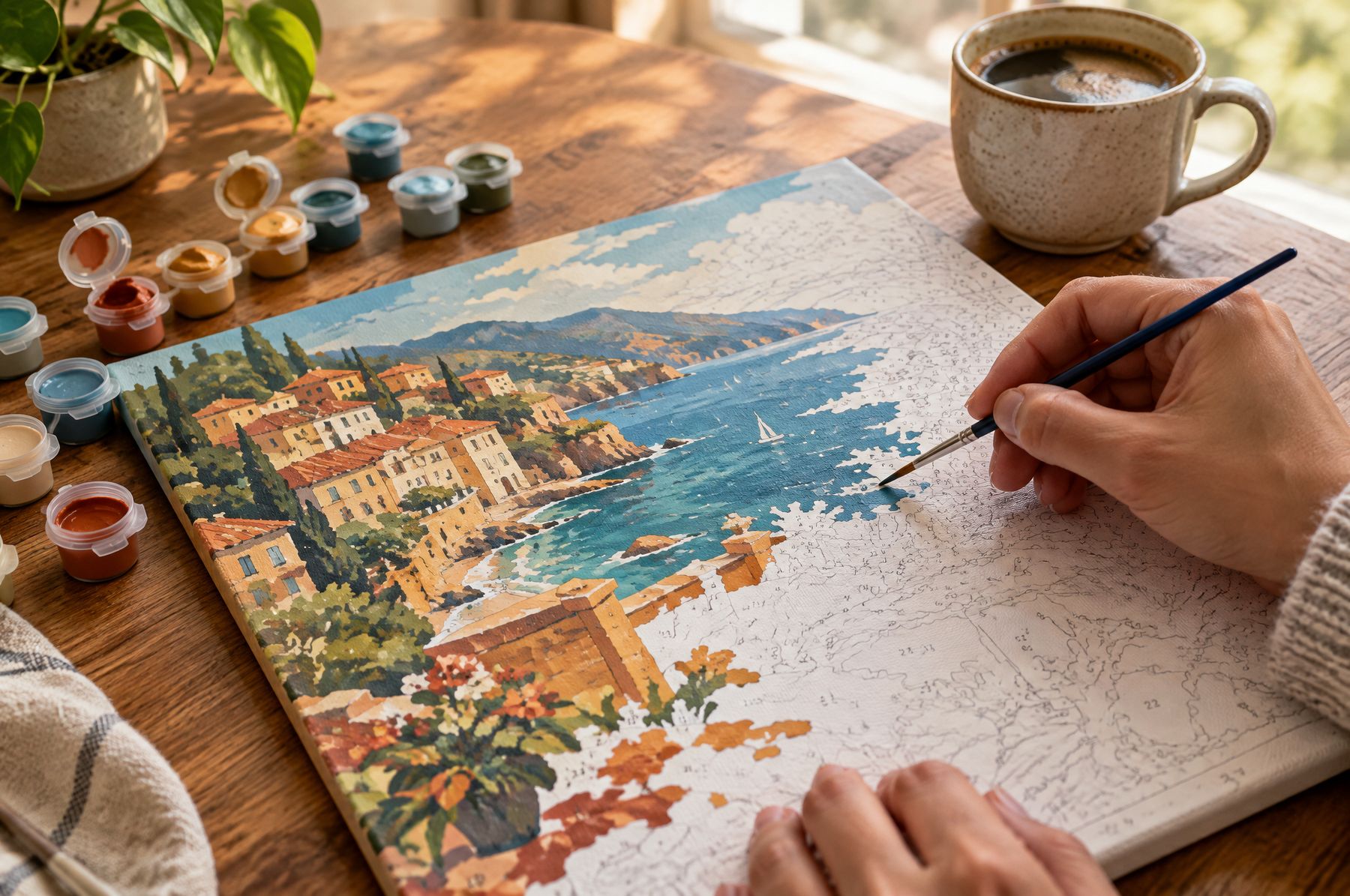 Mani che dipingono una tela numerata, a metà